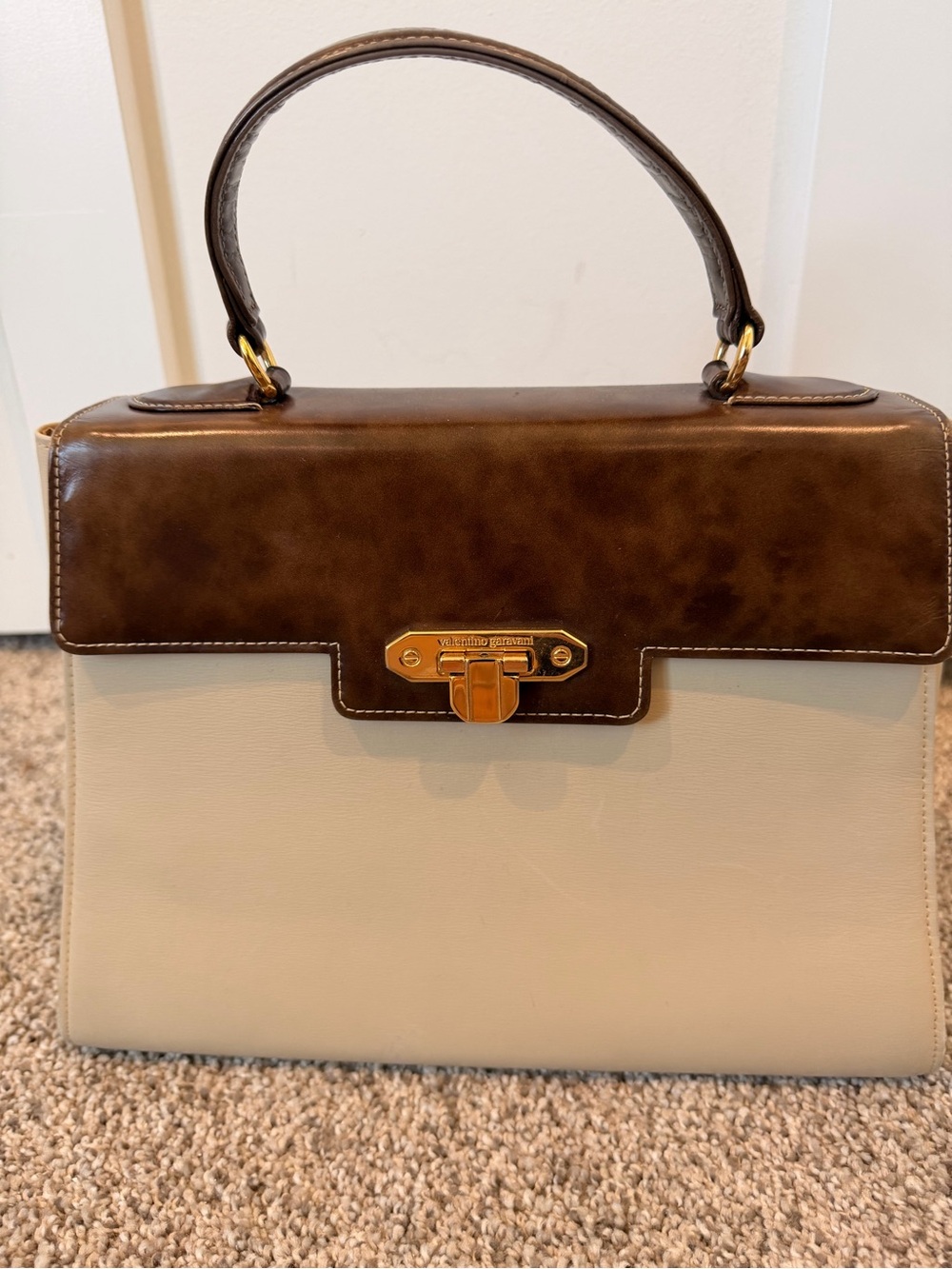 Valentino Garavani Brown and Cream Top-Handle Satchel